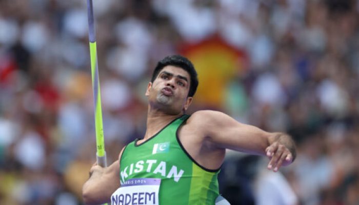 PARIS, FRANCE - AUGUST 06: Arshad Nadeem of Team Pakistan competes during the Men's Javelin Throw Qualification  on day eleven of the Olympic Games Paris 2024 at Stade de France on August 06, 2024 in Paris, France. (Photo by Patrick Smith/Getty Images)