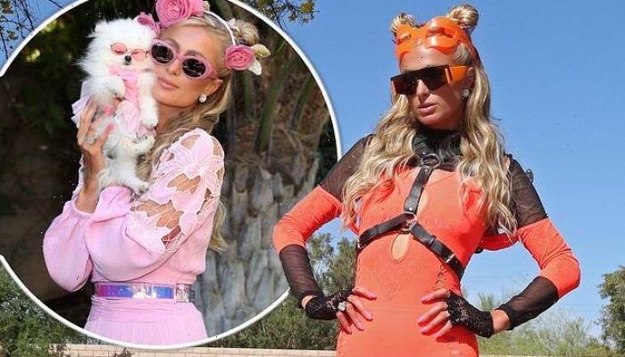 Paris-Hilton-dons-a-skintight-futuristic-dress-at-Coachella