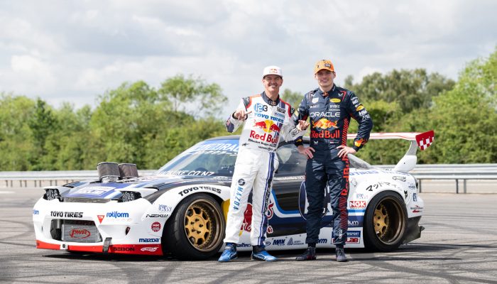 Mad Mike Whiddett and Max Verstappen pose for a portrait at Millbrook Proving Ground, UK on July 6 2023 // Patrik Lundin / Red Bull Content Pool // SI202308070253 // Usage for editorial use only //