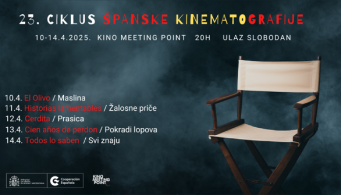 Ciklus španske kinematografije, njegovo 23. izdanje, u organizaciji Ambasade Španije u BiH i u saradnji s kinom Meeting Point, bit će održan od 10. do 14. aprila u Sarajevu. Publika će imati priliku pogledati pet španskih dugometražnih filmova u originalnoj verziji sa titlovima na bhs. jeziku. Program u kinu Meeting Point u četvrtak, 10. aprila otvara film „Maslina“ (El Olivo) režiserke Icíar Bollaín. Film prati svojeglavu i srčanu djevojku Almu koja kreće na put od istočne obale Španije do Njemačke po drevno stablo masline koje mnogo znači njenom bolesnom djedu, a koje je porodica prije 12 godina iščupala iz korijena i prodala protiv njegove volje. U petak, 11. aprila na programu je film “Žalosne priče” (Historias lamentables), režisera Javiera Fessera. Komedija donosi četiri individualne priče naizgled nespojivih likova. Subota, 12. april je rezervisana za film “Prasica” (Cerdita), u režiji Carlote Perede i priču o Sari, djevojci koja svakodnevno trpi uvrede okoline zbog svoje težine. Iznenadni slučaj otmice u selu mijenja svakodnevnicu u kojoj upravo o Sari ovisi sudbina njenih otetih drugarica. U nedjelju, 13. aprila na programu je film Daniela Calparsora “Pokradi lopova” (Cien años de perdón), akcionom trileru o pljački banke koja kreće po zlu. Ovogodišnji Ciklus španske kinematografije bit će zatvoren u ponedjeljak, 14. aprila filmom Asghara Farhadia “Svi znaju” (Todos lo saben) u čijim se glavnim ulogama pojavljuju Penelope Cruz i Javier Bardem, najavili su iz Ambasade Španije u BiH. Ulaz je besplatan, a projekcije počinju u 20.00 sati.