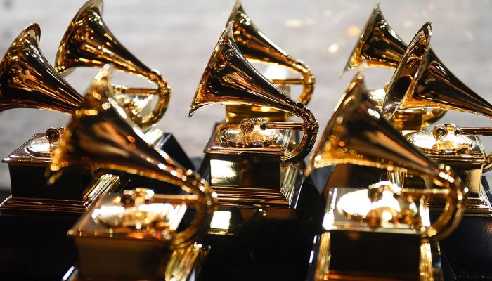 Grammy trophies sit in the press room during the 60th Annual Grammy Awards on January 28, 2018, in New York.  / AFP PHOTO / Don EMMERT        (Photo credit should read DON EMMERT/AFP via Getty Images)