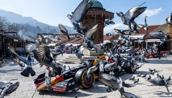 Red Bull Static Show Car RB14 seen in front of the famous Sebilj fountain on Bascarsija in Sarajevo, Bosnia and Herzegovina on February 29, 2024 // SI202403010436 // RBMN / Red Bull Racing Showrun / 2024 / Sarajevo, Bosnia & Herzegovina // Predrag Vuckovic / Red Bull Content Pool