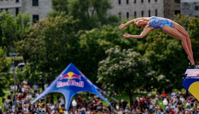 Rhiannan Iffland of Australia dives from the 21 metre platform during the final competition day of the sixth stop of the Red Bull Cliff Diving World Series in Montreal, Canada on August 25, 2024. // Dean Treml / Red Bull Content Pool // SI202408250485 // Usage for editorial use only //