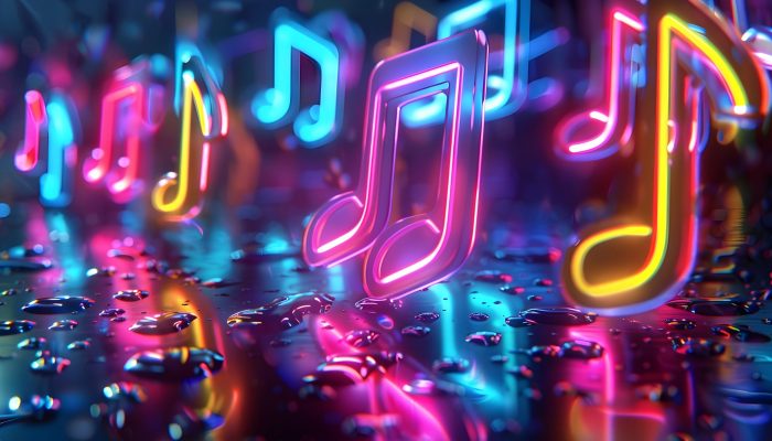 Vibrant Neon Musical Notes and Symbols Abstract Background with Colorful Glowing Lights,Digital Art Design for Music,Party,and Entertainment Concepts